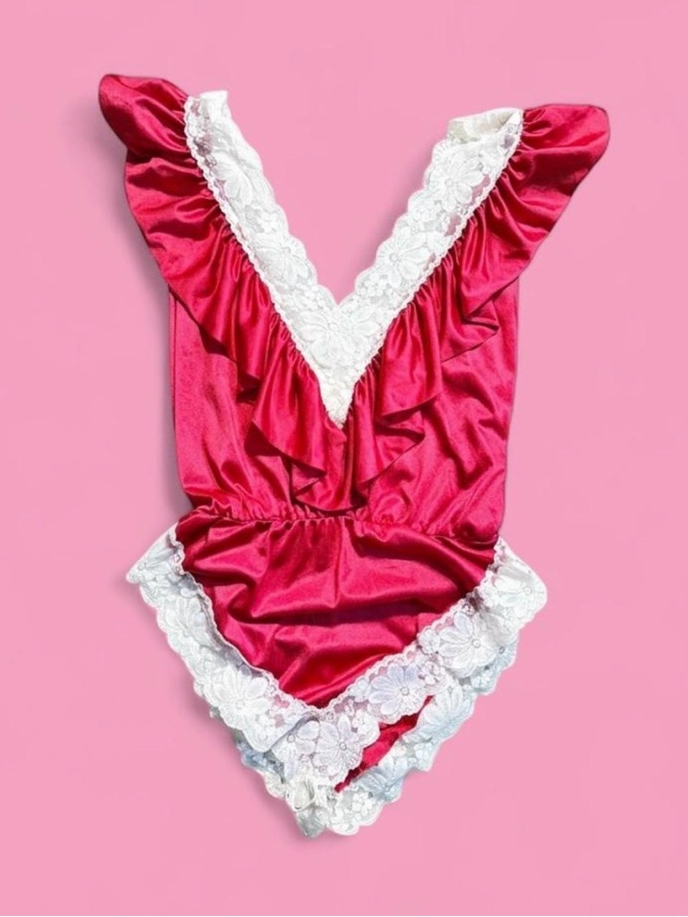 70's 80's vintage romantic ruffled lace teddy hi cut lingerie romper / SMALL